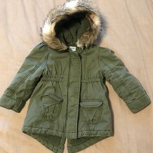 Toddler girls olive coat with hood, faux fur trim